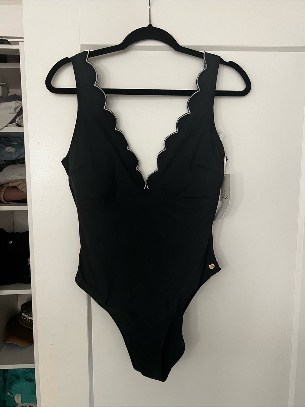 NWT CeCe Black Scalloped Edge One-Piece